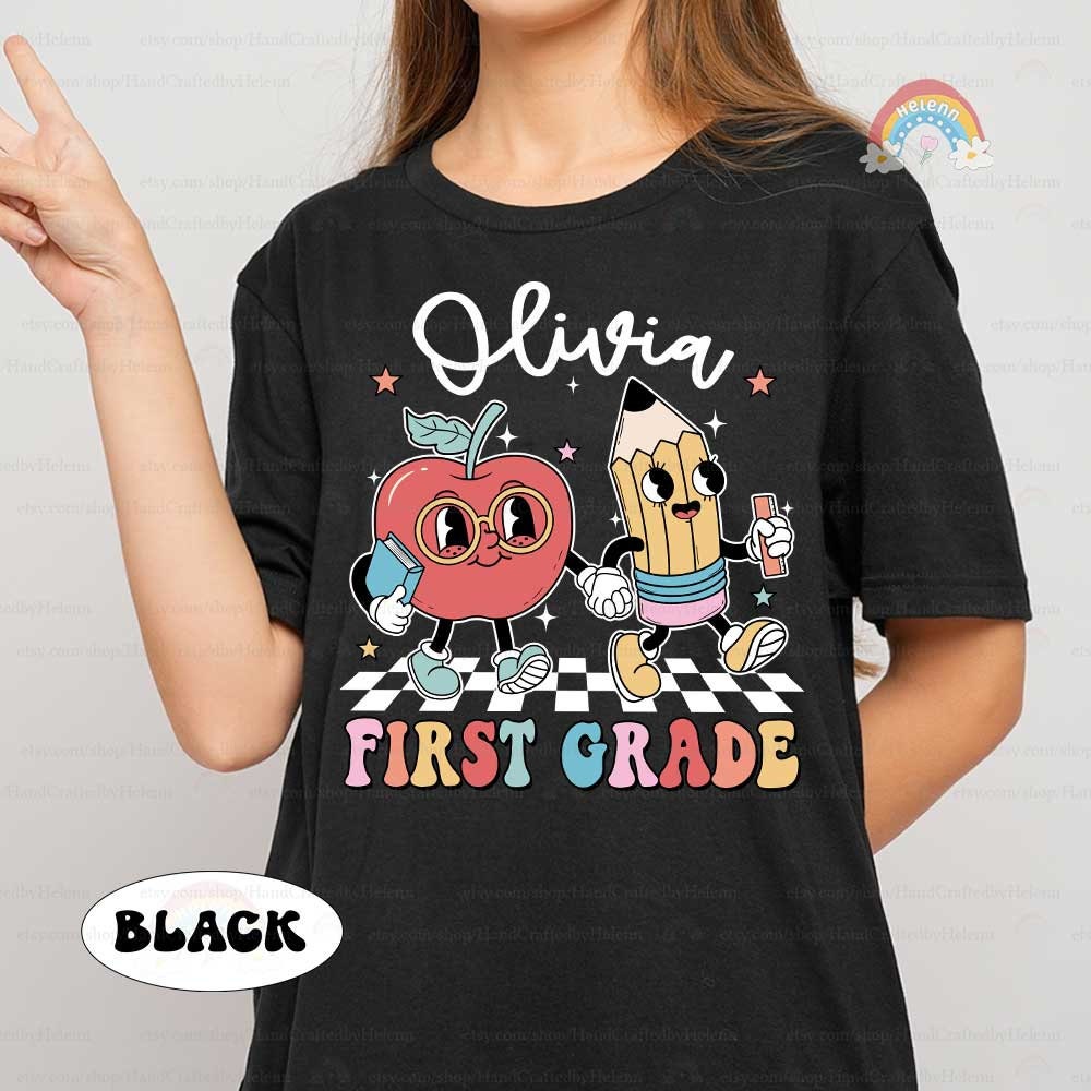 Each label offers a vivid display of a pencil and apple enjoying school activities, designed to mark textbooks or belongings from kindergarten through fifth grade.