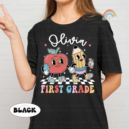 Each label offers a vivid display of a pencil and apple enjoying school activities, designed to mark textbooks or belongings from kindergarten through fifth grade.