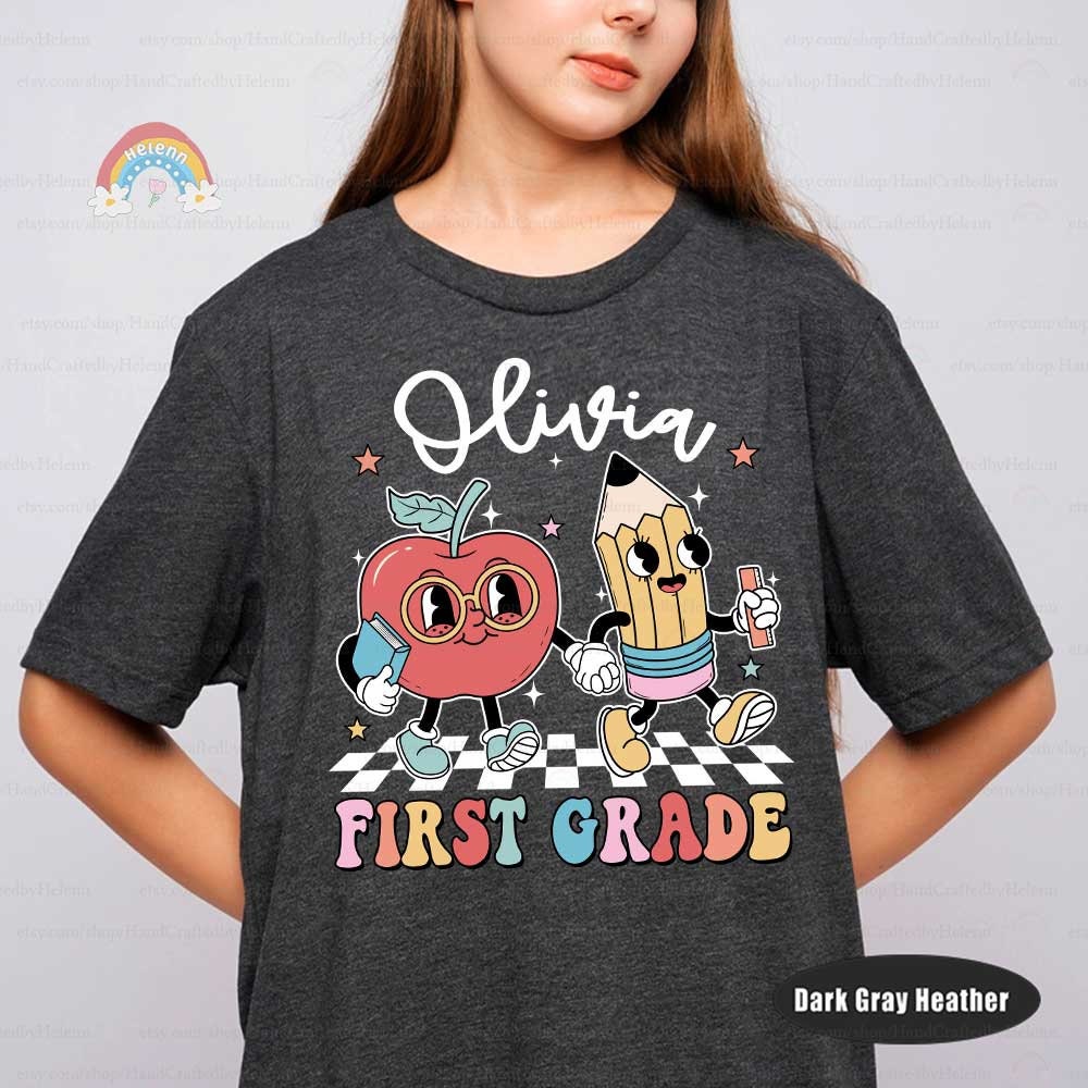 Playful educational labels that combine a lively apple and pencil character, tailored to each grade level from kindergarten to fifth, customizable with names to add a personal touch to school supplies.