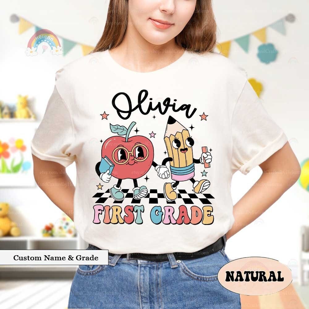 A delightful series of labels for every grade from kindergarten to fifth, each featuring a charming apple and pencil character, both adorned with glasses and engaging in playful activities.