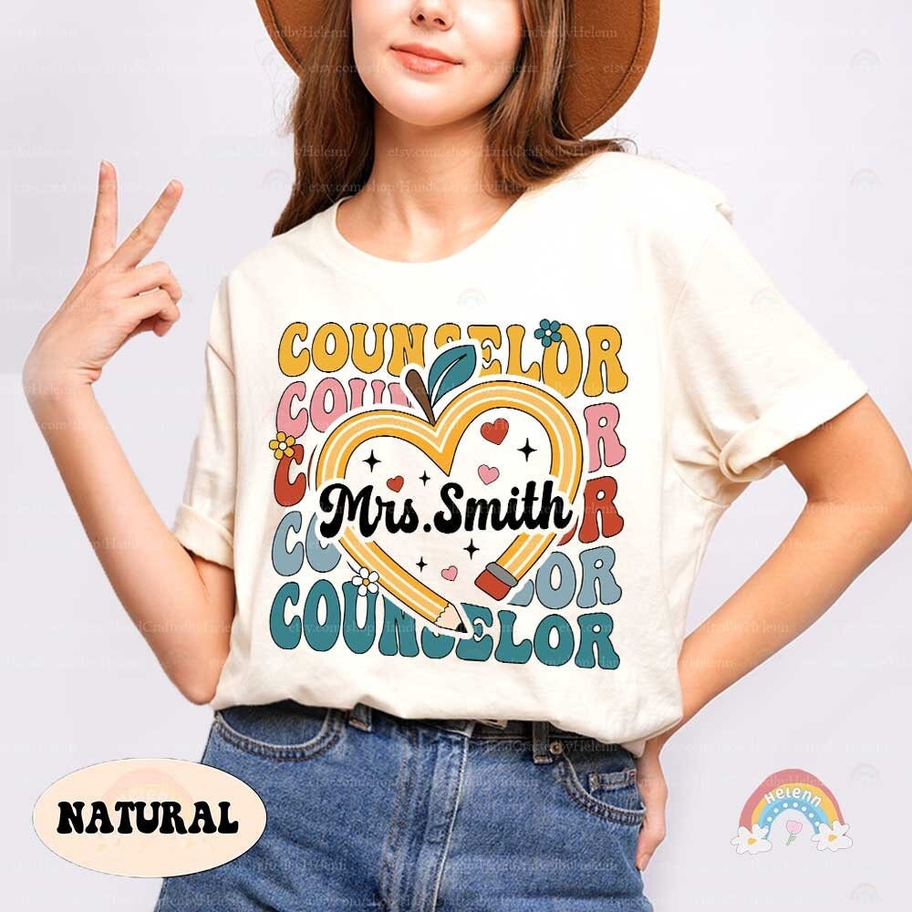 Creative depiction of Mrs. Smith&#39;s counseling role with a design that includes a heart, an apple, and cheerful floral and pencil elements, highlighting her supportive and guiding presence.