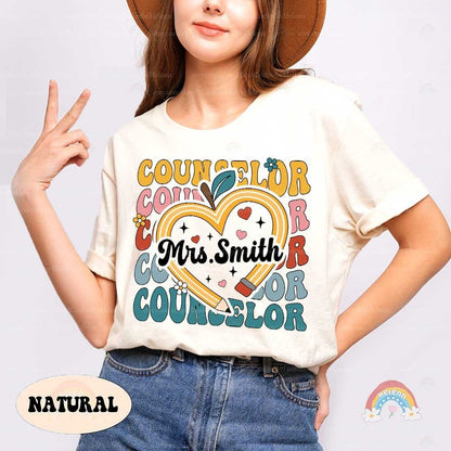 Creative depiction of Mrs. Smith&#39;s counseling role with a design that includes a heart, an apple, and cheerful floral and pencil elements, highlighting her supportive and guiding presence.