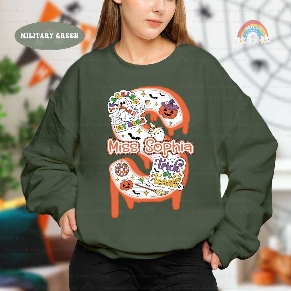 Personalized Teacher Halloween Shirt, Trick or Teach Shirt Spooky Teacher, Teaching My Boos, Custom Teacher Name, Halloween Teacher Gift