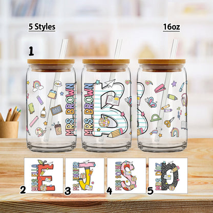 Personalized Teacher 16oz Glass Can, Custom Name Teacher Tumbler Iced Coffee Cup, Teacher Gift Back To School, Teacher Appreciation Gifts