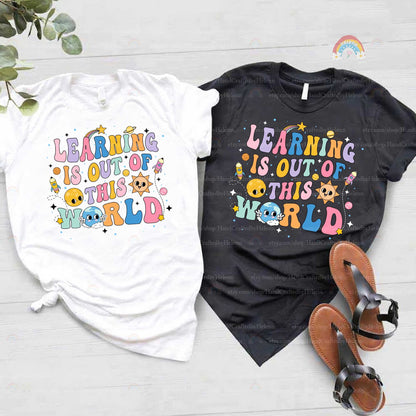 An engaging and vibrant graphic that captures the excitement of space exploration and learning, adorned with cute cartoonish planets and stars.