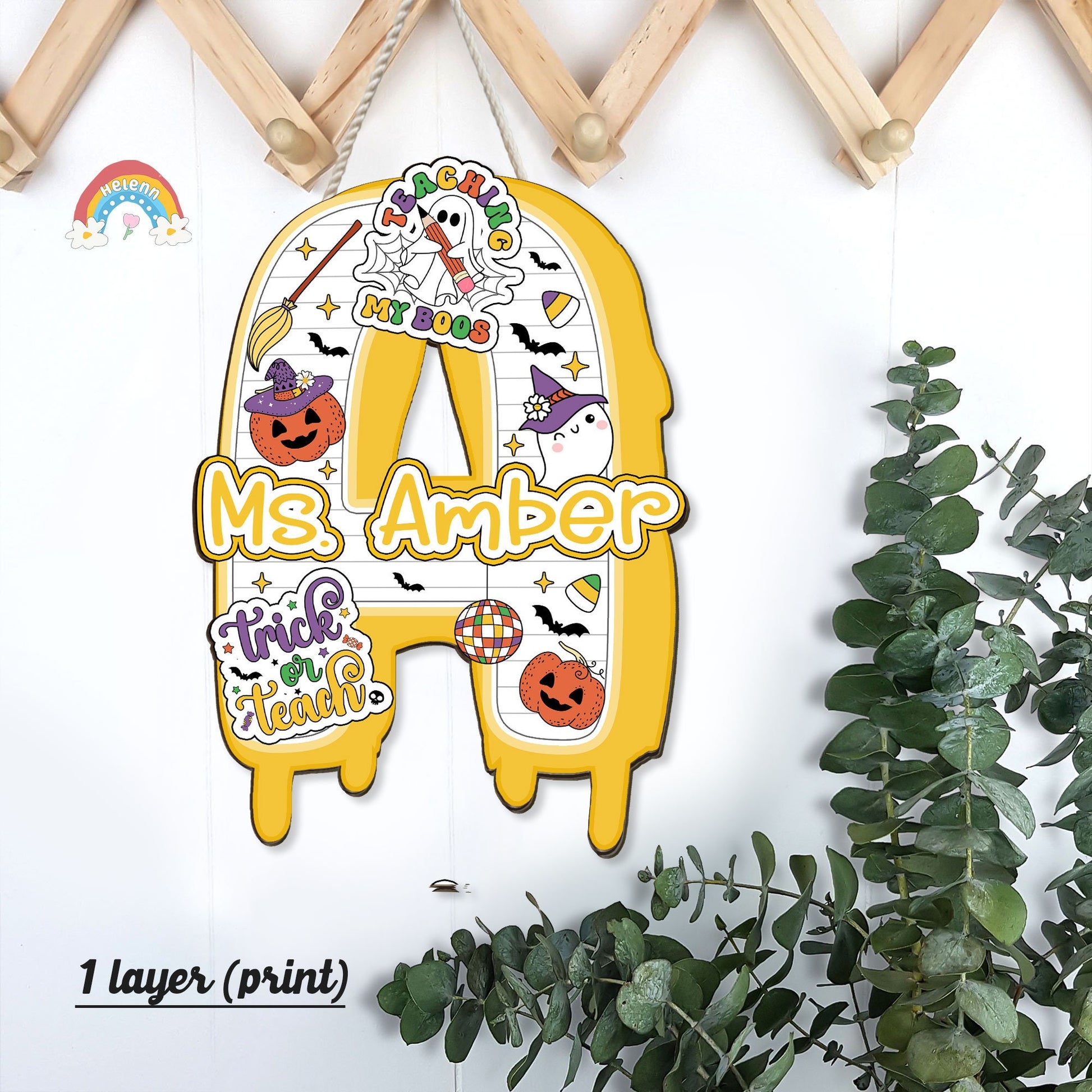 Featuring Halloween-themed graphics and a playful Trick or Teach message, this door sign is perfect for adding a spooky yet friendly vibe to Mrs. Wilson&#39;s classroom.