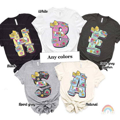 A vibrant teacher-themed graphic showcasing big letters in different colors each filled with playful patterns and decorations like bows and rainbows The teacher&#39;s name is featured on each letter