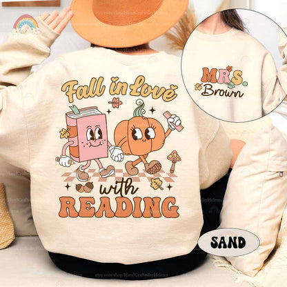 A charming educational graphic with a cartoon book and pumpkin as main characters, adorned with autumn leaves and a checkered floor, encouraging a love for learning during the fall season.