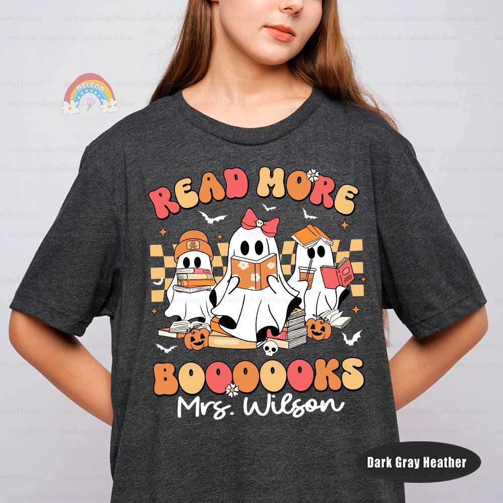 Educational graphic with ghost characters in a classroom-like setting, each engaged in reading amidst vibrant Halloween motifs.