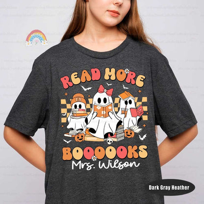 Educational graphic with ghost characters in a classroom-like setting, each engaged in reading amidst vibrant Halloween motifs.