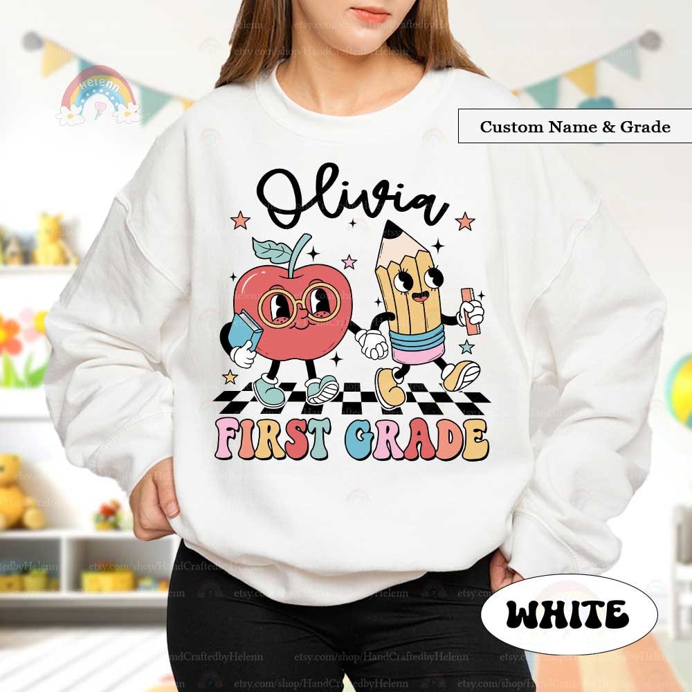 Colorful and engaging labels suitable for various school grades, each uniquely designed with an anthropomorphic apple and pencil, perfect for personalizing with any name like Olivia, shown here.