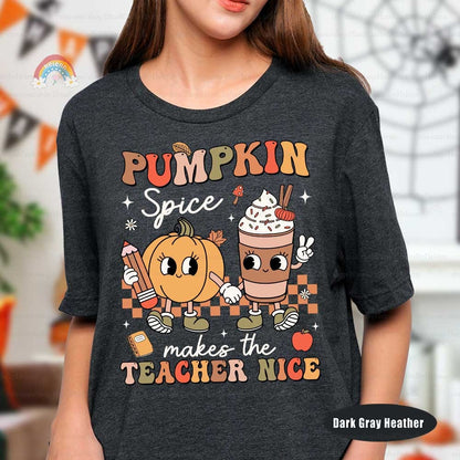Teacher Fall Shirt Pumpkin Spice Makes Teacher Nice, Retro Fall Teacher Pumpkin Sweatshirt Thanksgiving, Kindergarten Teacher, Teacher Gifts