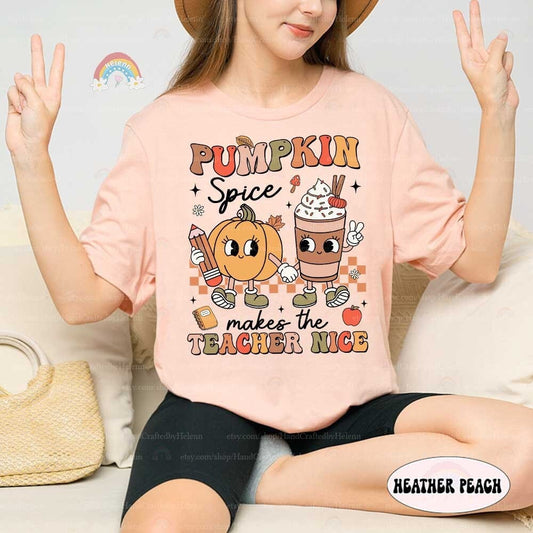 Teacher Fall Shirt Pumpkin Spice Makes Teacher Nice, Retro Fall Teacher Pumpkin Sweatshirt Thanksgiving, Kindergarten Teacher, Teacher Gifts