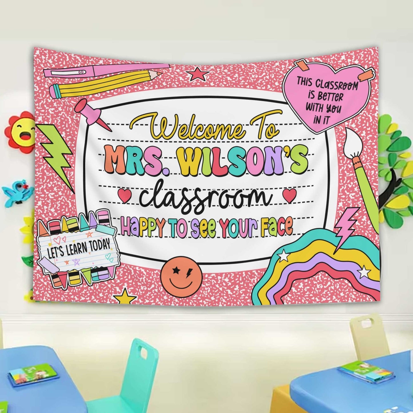 The design showcases a black-and-white notebook pattern with bold, pastel-colored text and fun classroom-themed illustrations.