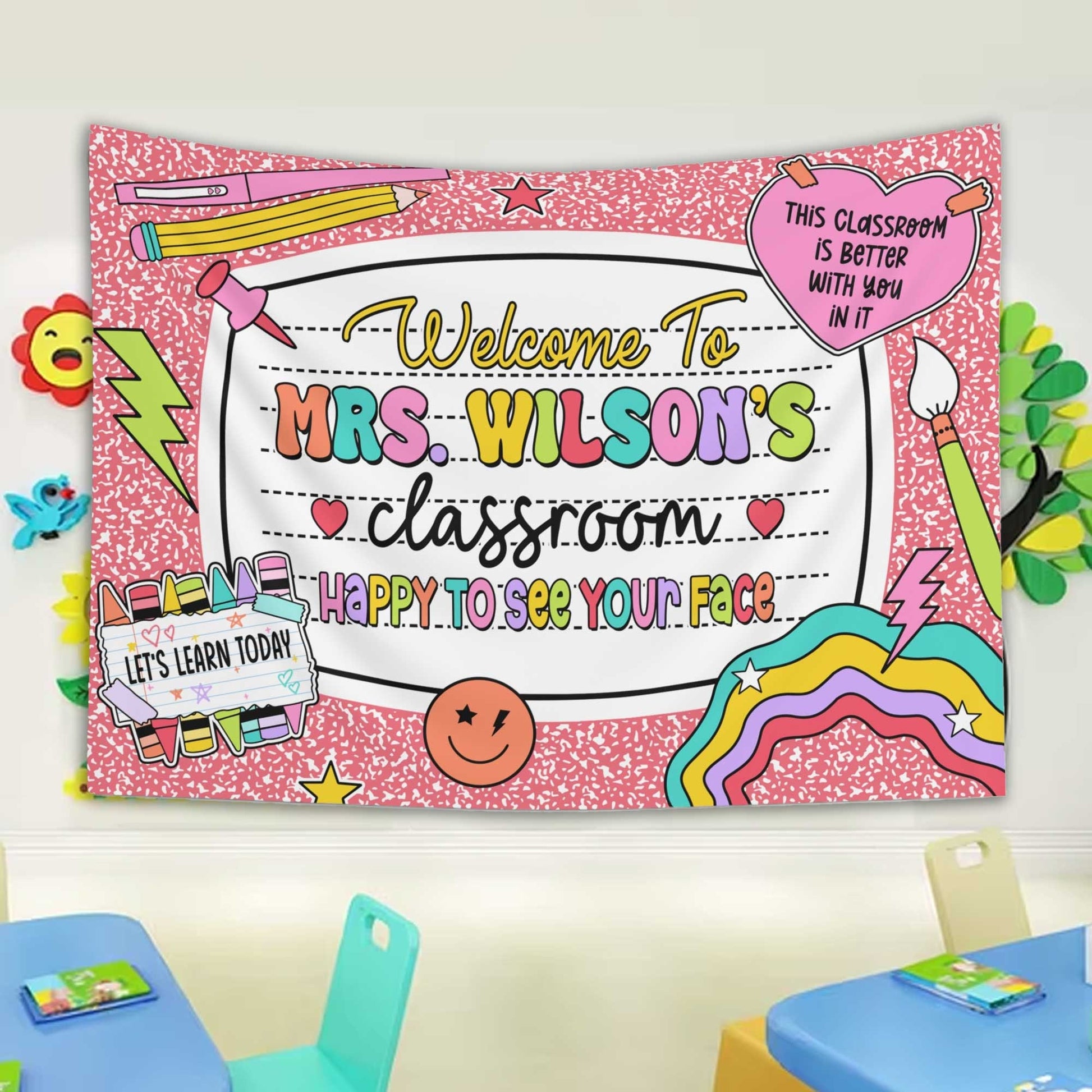 The design showcases a black-and-white notebook pattern with bold, pastel-colored text and fun classroom-themed illustrations.