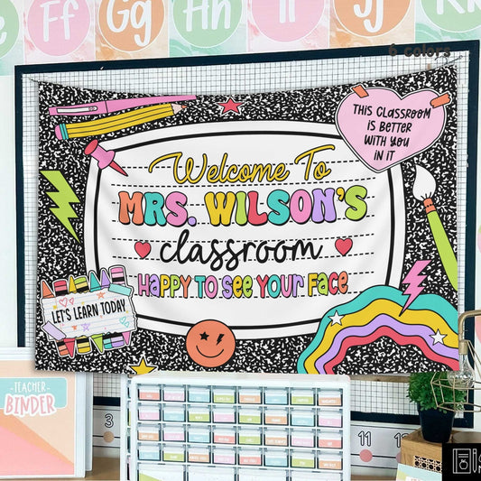 The design showcases a black-and-white notebook pattern with bold, pastel-colored text and fun classroom-themed illustrations.