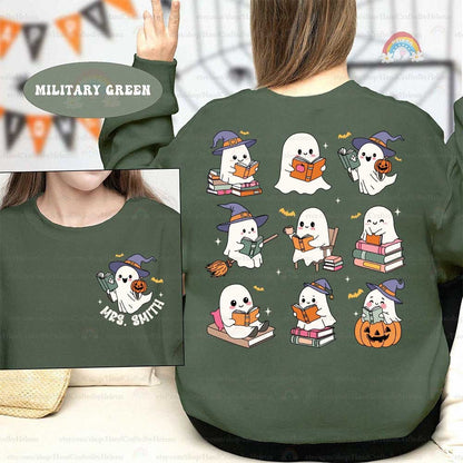 A lively Halloween design featuring ghosts reading books amidst pumpkins and bats The text It&#39;s a good day to read a boooook in playful fonts adds to the festive and spooky atmosphere