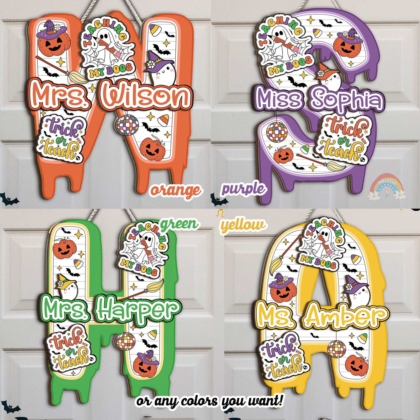 Celebrate the Halloween season with Mrs. Wilson&#39;s playful door decoration, showcasing adorable ghost and pumpkin illustrations with a vibrant orange and white color scheme.