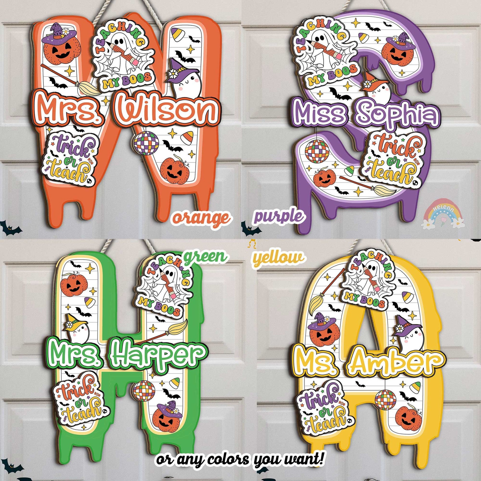 Celebrate the Halloween season with Mrs. Wilson&#39;s playful door decoration, showcasing adorable ghost and pumpkin illustrations with a vibrant orange and white color scheme.