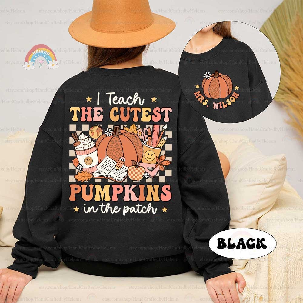 The design showcases playful school-themed icons like pencils and rulers alongside a stylish pumpkin and warm fall motifs, perfect for a festive classroom look.