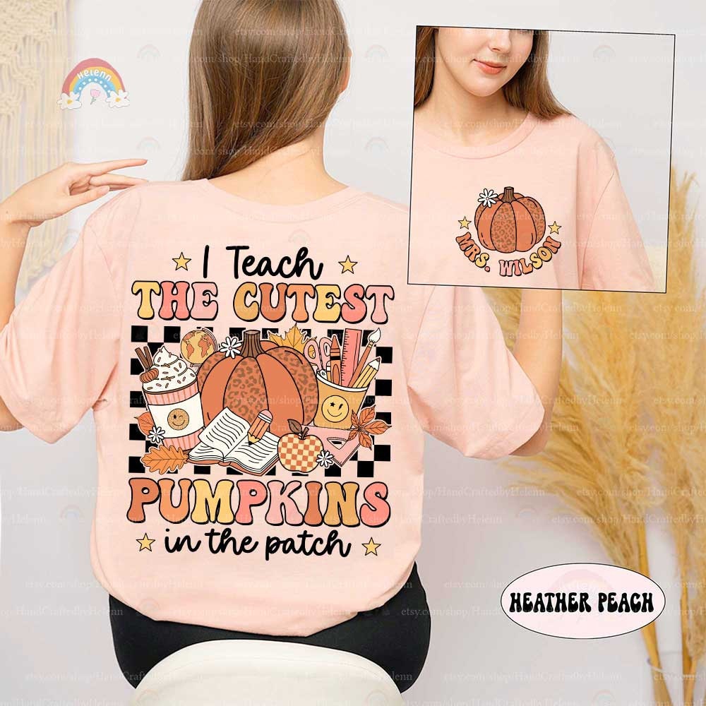 Featuring a blend of fall and educational elements, this design highlights a patterned pumpkin, a smiling apple, and colorful lettering in soft autumn hues.