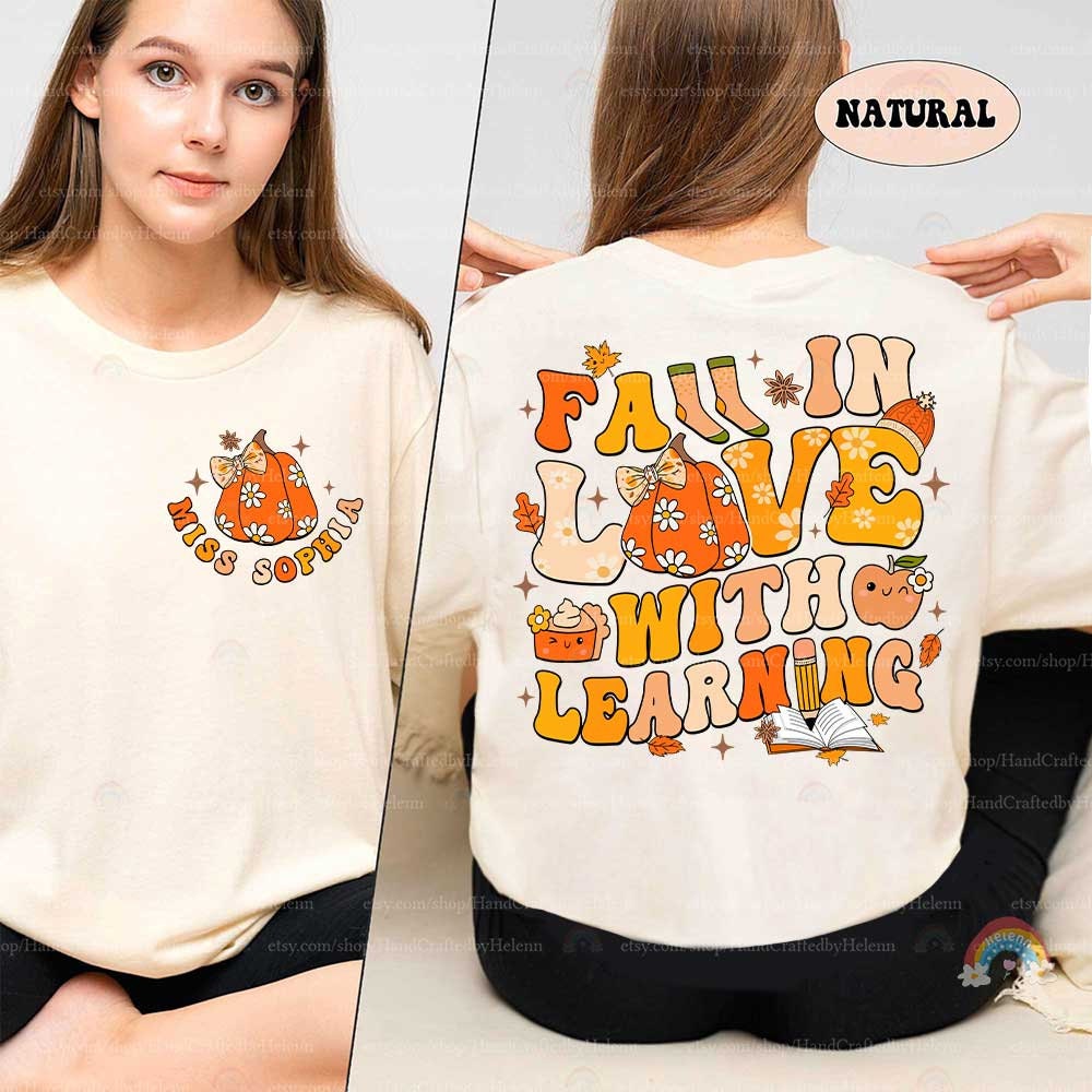 Custom Teacher Fall Shirt, Fall In Love With Learning Retro Pumpkin Teacher Shirt, Thanksgiving Spooky Teacher Sweatshirt, Teacher Gifts