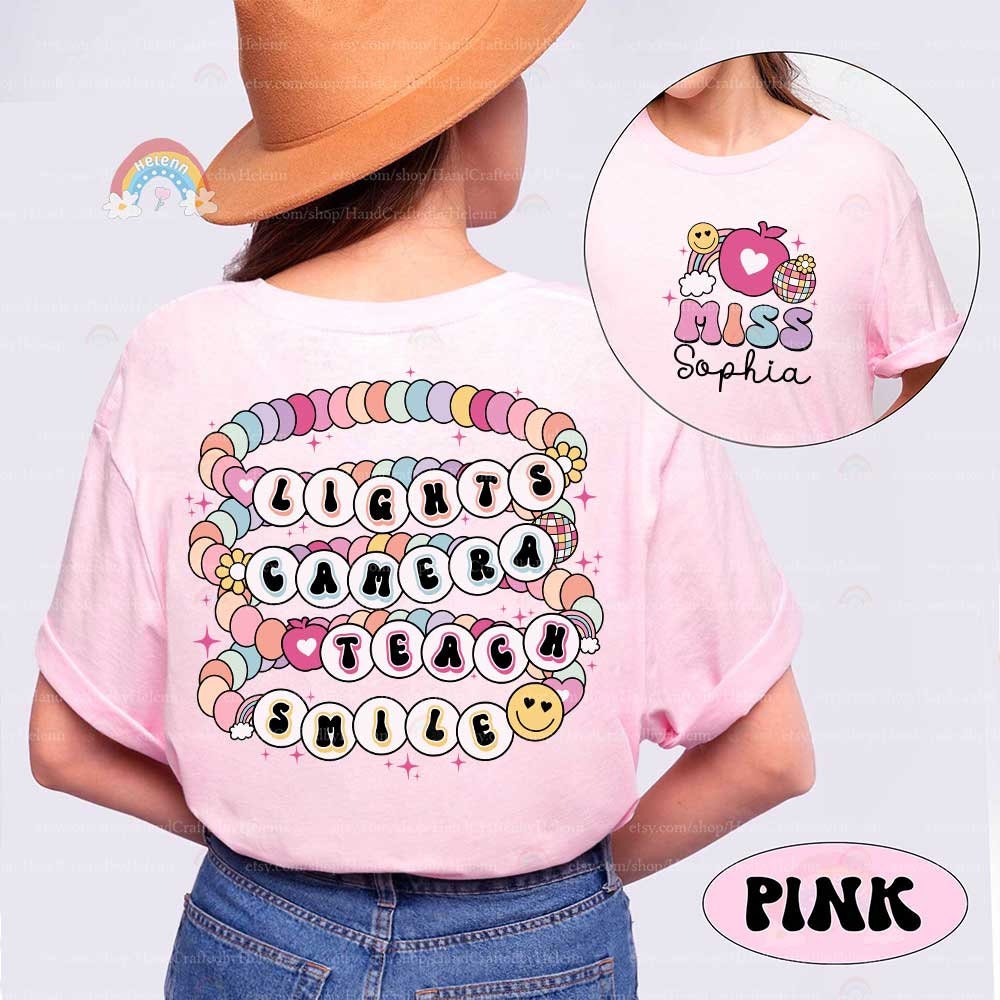 Custom Teacher Shirt Lights Camera Teach Smile Shirt, Teacher Friendship Bracelet, Back To School, 1st Day School, Teacher Appreciation Gift