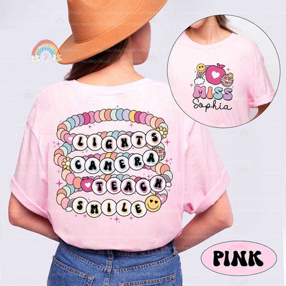 Custom Teacher Shirt Lights Camera Teach Smile Shirt, Teacher Friendship Bracelet, Back To School, 1st Day School, Teacher Appreciation Gift