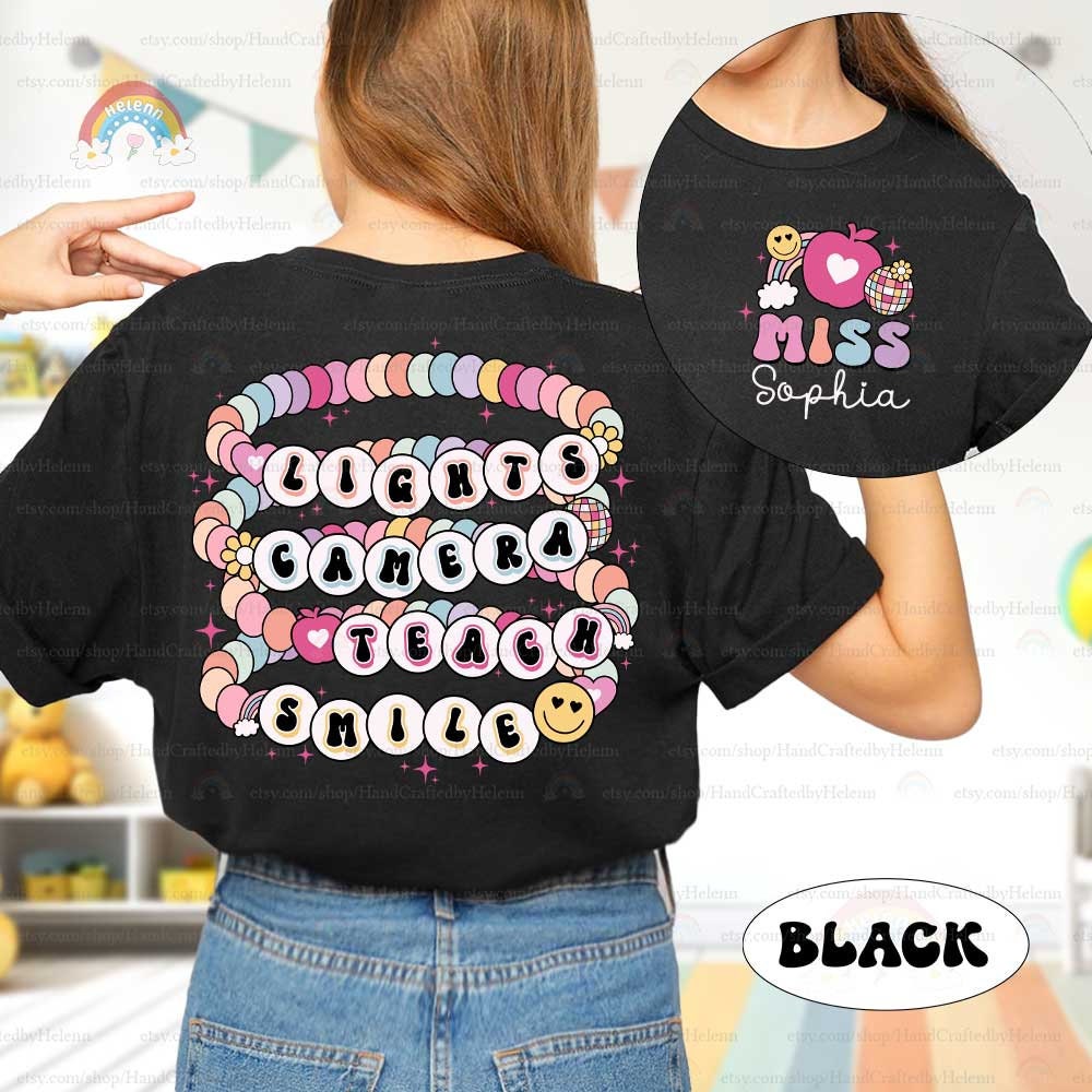 Custom Teacher Shirt Lights Camera Teach Smile Shirt, Teacher Friendship Bracelet, Back To School, 1st Day School, Teacher Appreciation Gift