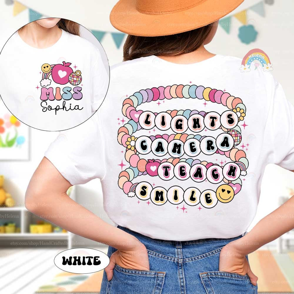 Custom Teacher Shirt Lights Camera Teach Smile Shirt, Teacher Friendship Bracelet, Back To School, 1st Day School, Teacher Appreciation Gift