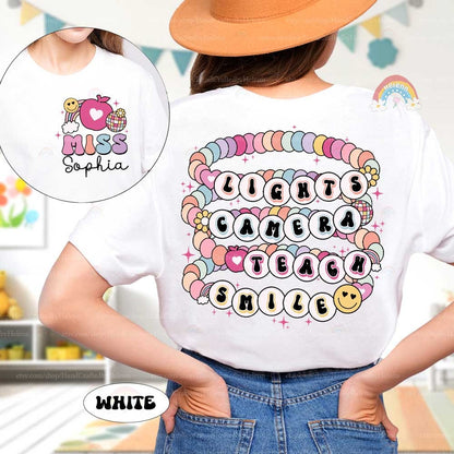 Custom Teacher Shirt Lights Camera Teach Smile Shirt, Teacher Friendship Bracelet, Back To School, 1st Day School, Teacher Appreciation Gift