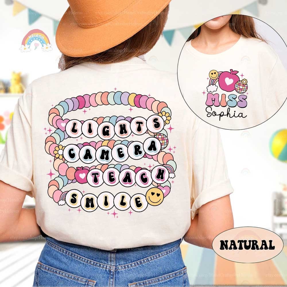 Custom Teacher Shirt Lights Camera Teach Smile Shirt, Teacher Friendship Bracelet, Back To School, 1st Day School, Teacher Appreciation Gift