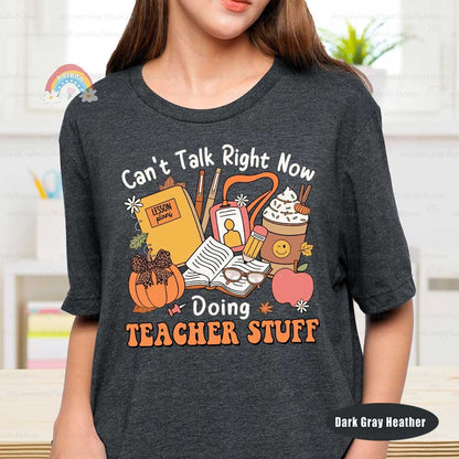 Featuring vibrant illustrations of teacher tools and autumn leaves, the Teacher Stuff design brings a warm and festive touch to any educational setting.