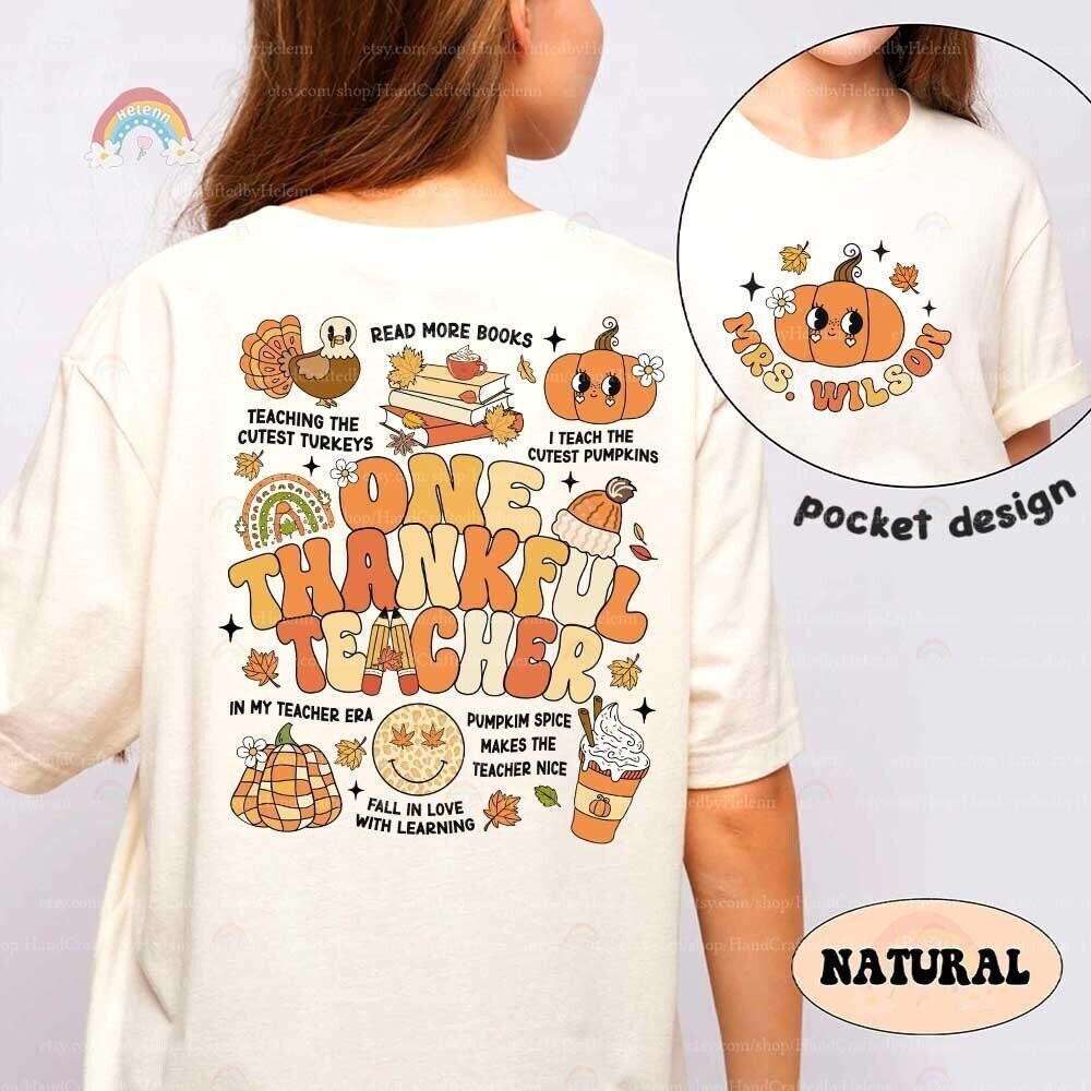 Custom Teacher Fall Shirt One Thankful Teacher Shirt, Teacher Thanksgiving Shirt, Teacher Pumpkin Retro Autumn, Teacher Appreciation Gift