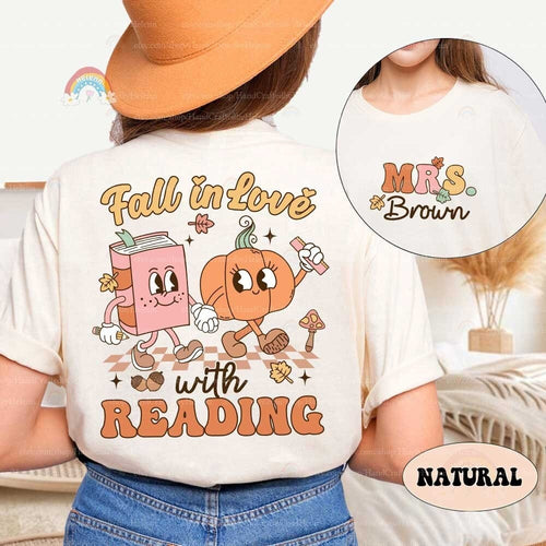 A whimsical autumn-themed design featuring a smiling book and a joyful pumpkin, both illustrated with human-like traits, engaging in academic activities with school supplies scattered around, all under the phrase Fall in Love with Learning.