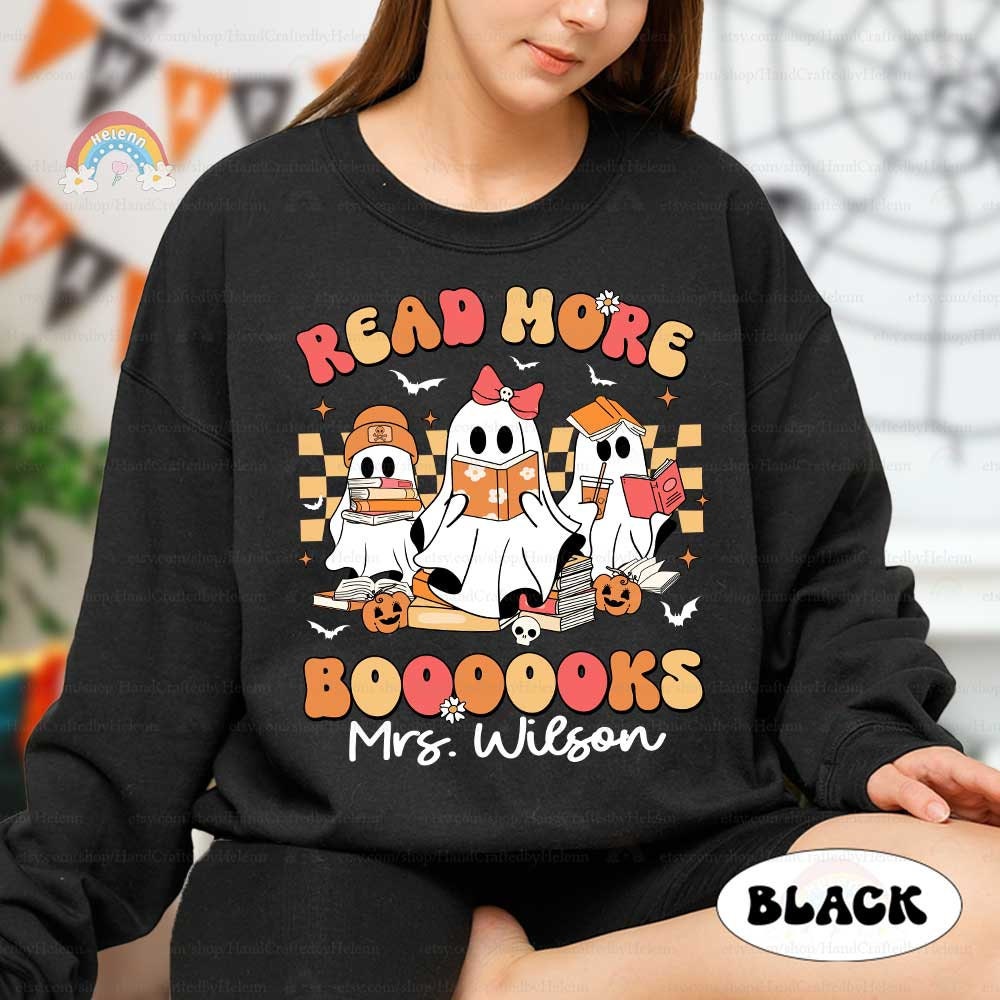 Cheerful depiction of ghosts enjoying books, designed to attract young readers with vibrant colors and Halloween icons.