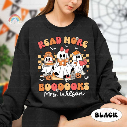 Cheerful depiction of ghosts enjoying books, designed to attract young readers with vibrant colors and Halloween icons.