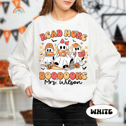 Educational graphic with ghost characters in a classroom-like setting, each engaged in reading amidst vibrant Halloween motifs.