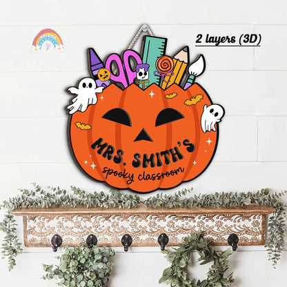 Custom Halloween Teacher Door Hanger Wooden Classroom Door Sign, Pumpkin Teacher Halloween Decoration Spooky Teacher, Teacher Halloween Gift