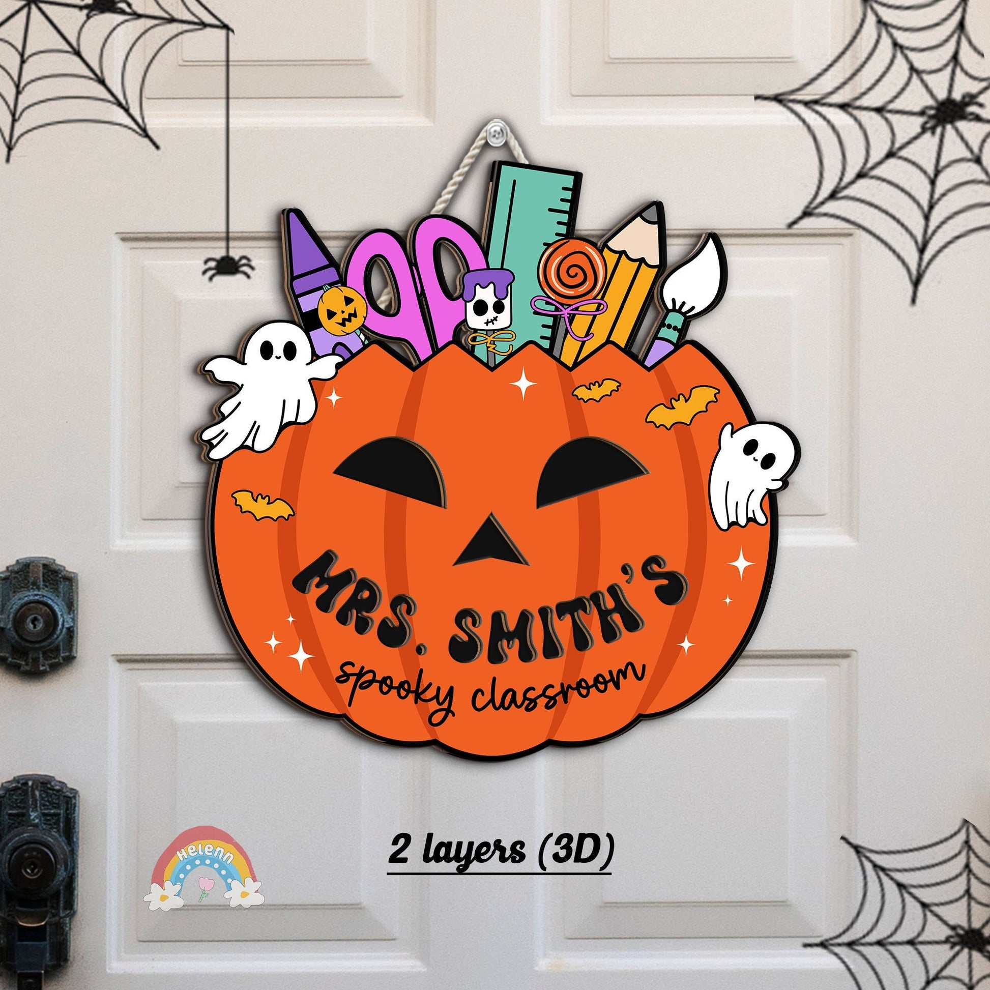 Custom Halloween Teacher Door Hanger Wooden Classroom Door Sign, Pumpkin Teacher Halloween Decoration Spooky Teacher, Teacher Halloween Gift
