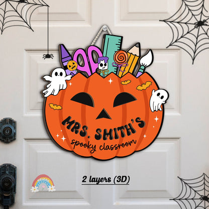 Custom Halloween Teacher Door Hanger Wooden Classroom Door Sign, Pumpkin Teacher Halloween Decoration Spooky Teacher, Teacher Halloween Gift