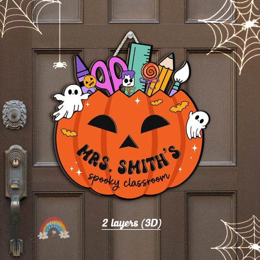 Custom Halloween Teacher Door Hanger Wooden Classroom Door Sign, Pumpkin Teacher Halloween Decoration Spooky Teacher, Teacher Halloween Gift