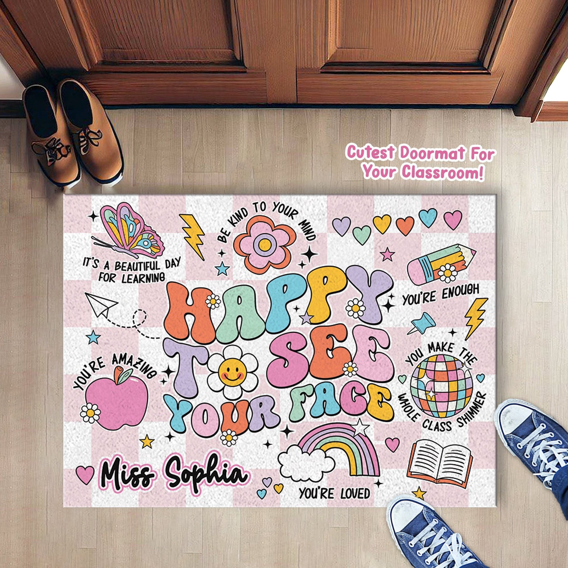 Custom Teacher Classroom Doormat, Happy To See Your Face Classroom Decoration Office Doormat Back To School Gift, Teacher Appreciation Gifts