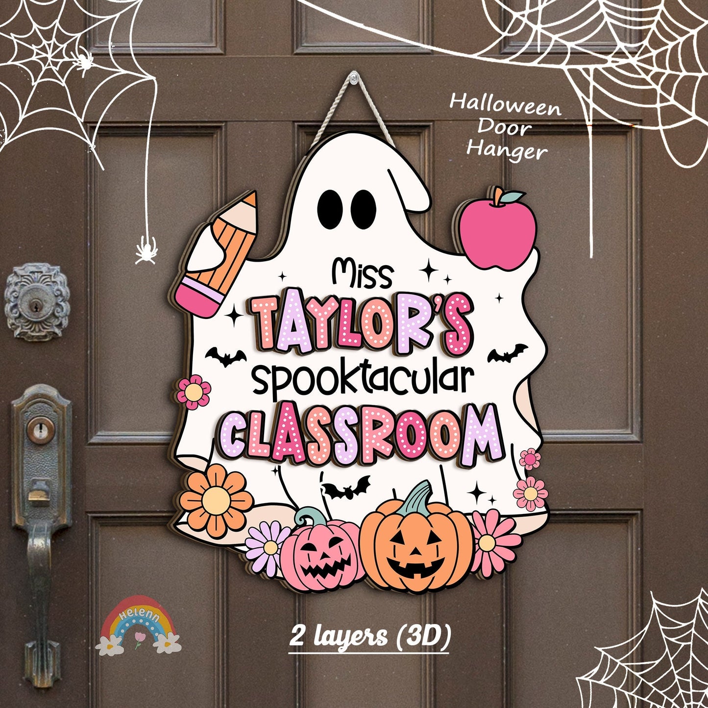 Teacher Door Hanger Halloween Decoration, Pumpkin Ghost Teacher Spooktacular, Custom Wooden Classroom Door Sign, Teacher Halloween Gifts