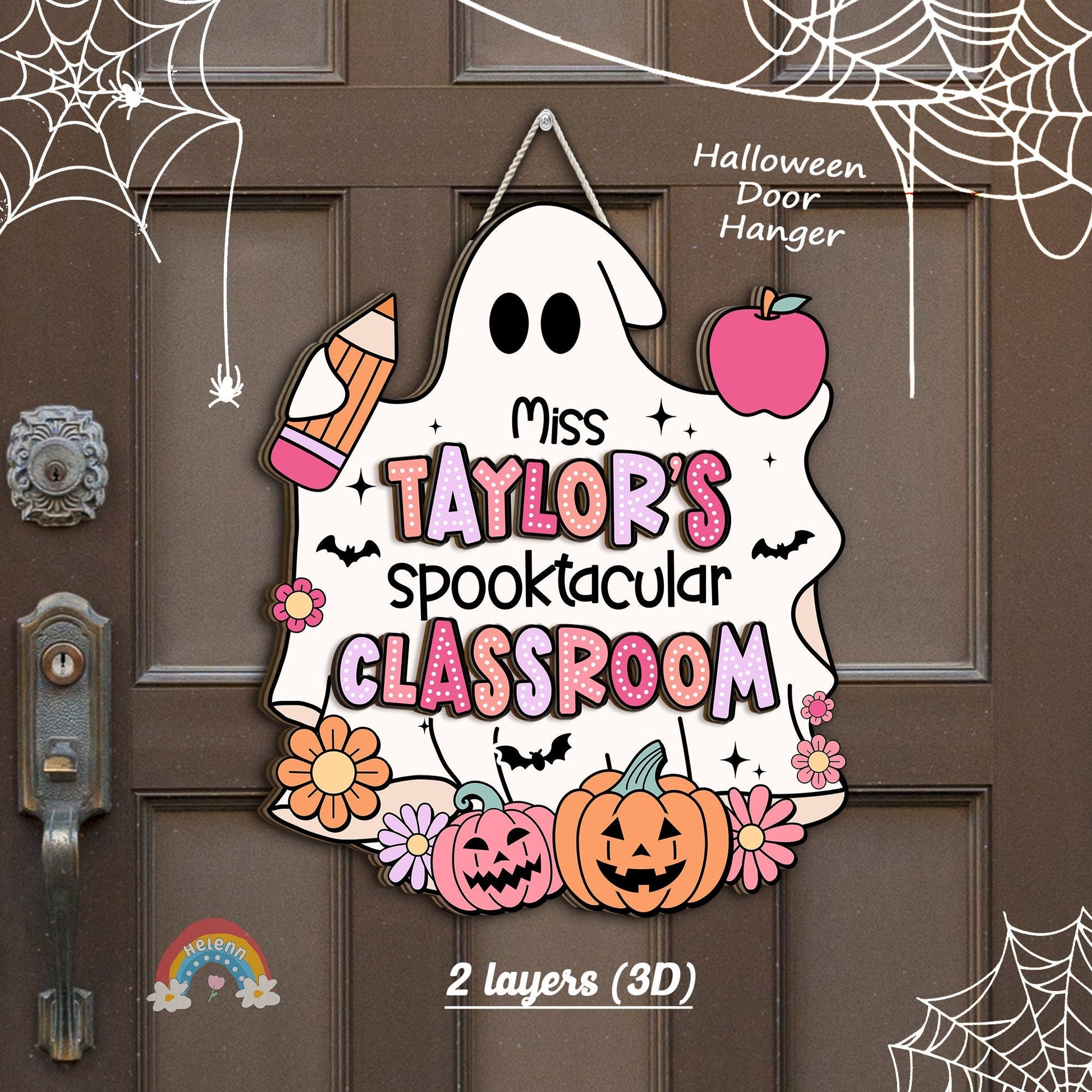 Teacher Door Hanger Halloween Decoration, Pumpkin Ghost Teacher Spooktacular, Custom Wooden Classroom Door Sign, Teacher Halloween Gifts