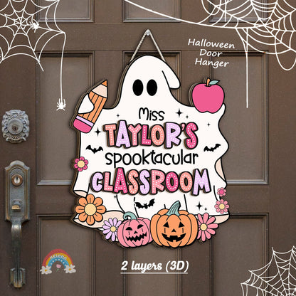 Teacher Door Hanger Halloween Decoration, Pumpkin Ghost Teacher Spooktacular, Custom Wooden Classroom Door Sign, Teacher Halloween Gifts