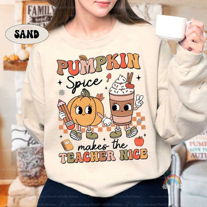 Teacher Fall Shirt Pumpkin Spice Makes Teacher Nice, Retro Fall Teacher Pumpkin Sweatshirt Thanksgiving, Kindergarten Teacher, Teacher Gifts