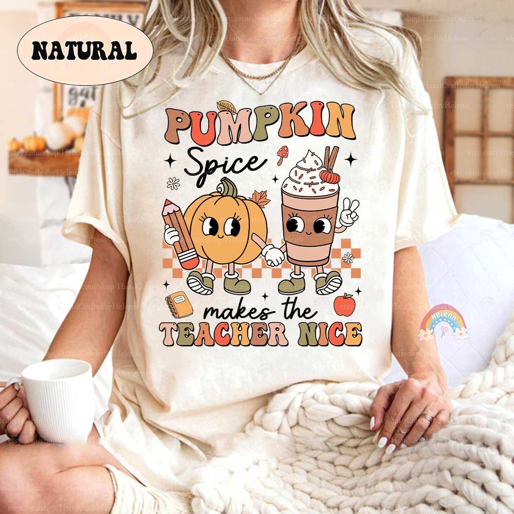 Teacher Fall Shirt Pumpkin Spice Makes Teacher Nice, Retro Fall Teacher Pumpkin Sweatshirt Thanksgiving, Kindergarten Teacher, Teacher Gifts