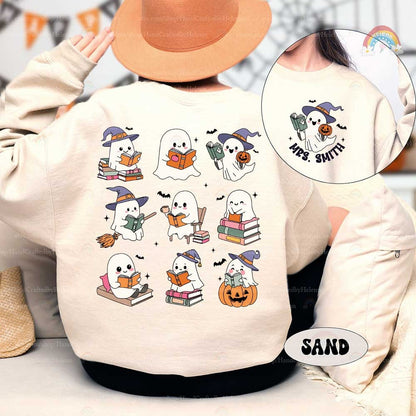 A fun and spooky design showcasing two ghosts enjoying books among pumpkins and bats The phrase It&#39;s a good day to read a boooook is written in colorful letters capturing the Halloween spirit