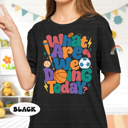 A lively design showcasing What are we doing today in bold bright letters surrounded by sports-themed icons such as a basketball soccer ball baseball bat and football creating an energetic and engaging feel